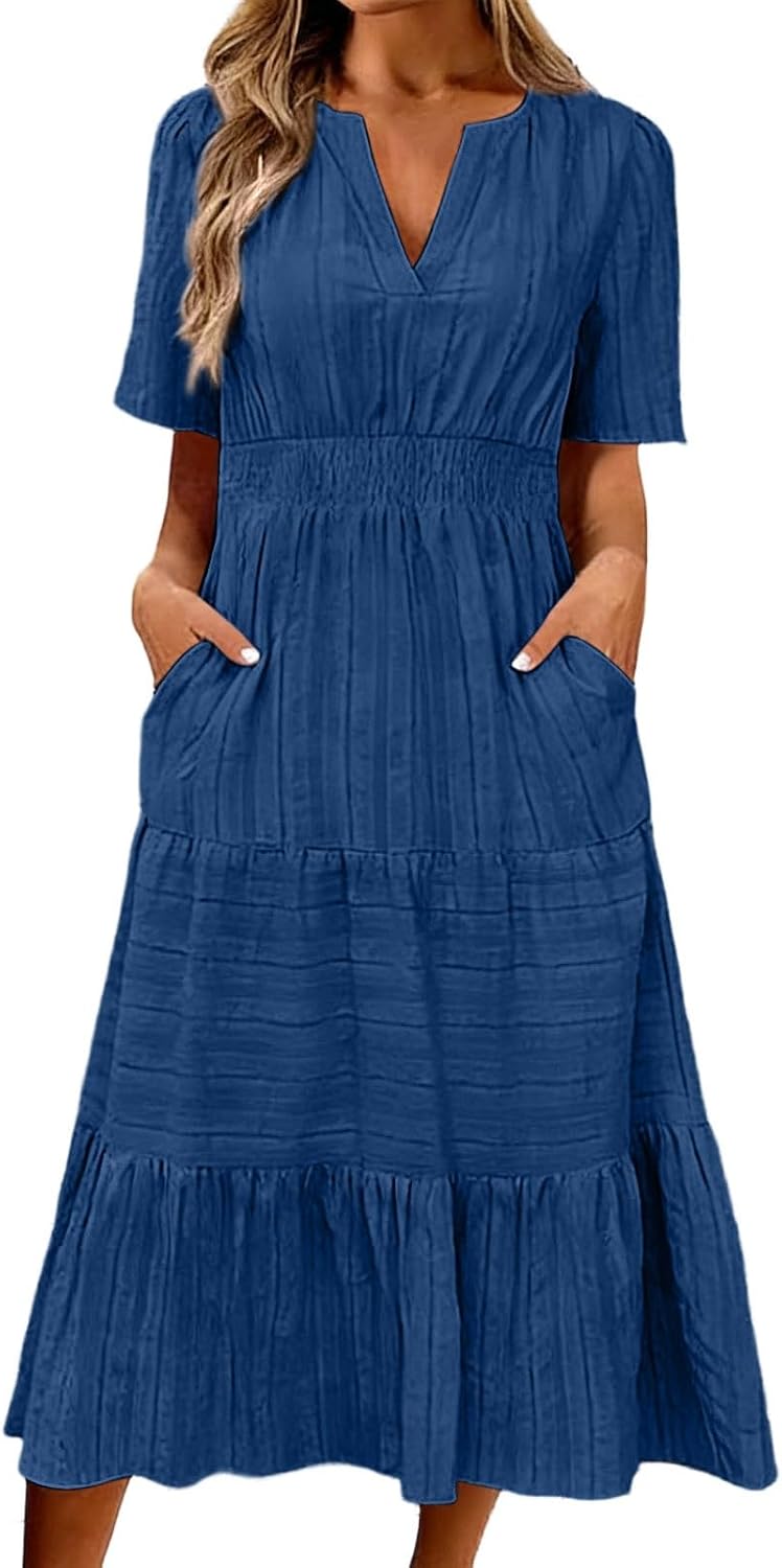 Muslin Dress Women's Summer Dress Casual Linen Dress V-Neck Short Sleeve Casual Dress Summer Large Sizes Beach Dresses Boho Long Light and Airy Dresses with Pockets