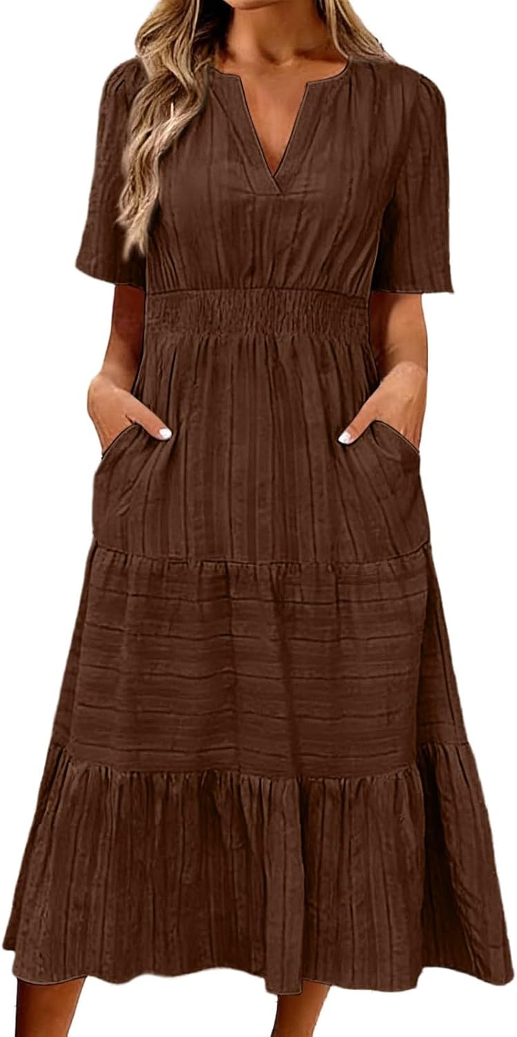 Muslin Dress Women's Summer Dress Casual Linen Dress V-Neck Short Sleeve Casual Dress Summer Large Sizes Beach Dresses Boho Long Light and Airy Dresses with Pockets