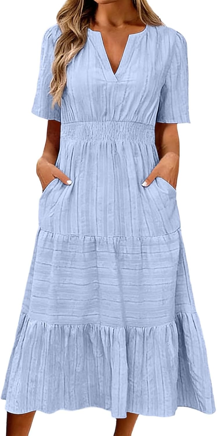Muslin Dress Women's Summer Dress Casual Linen Dress V-Neck Short Sleeve Casual Dress Summer Large Sizes Beach Dresses Boho Long Light and Airy Dresses with Pockets