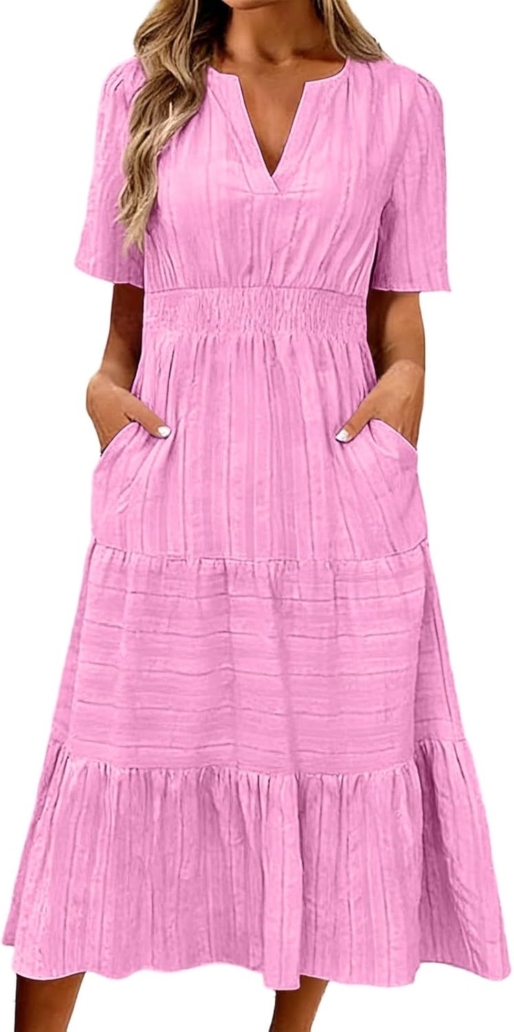 Muslin Dress Women's Summer Dress Casual Linen Dress V-Neck Short Sleeve Casual Dress Summer Large Sizes Beach Dresses Boho Long Light and Airy Dresses with Pockets