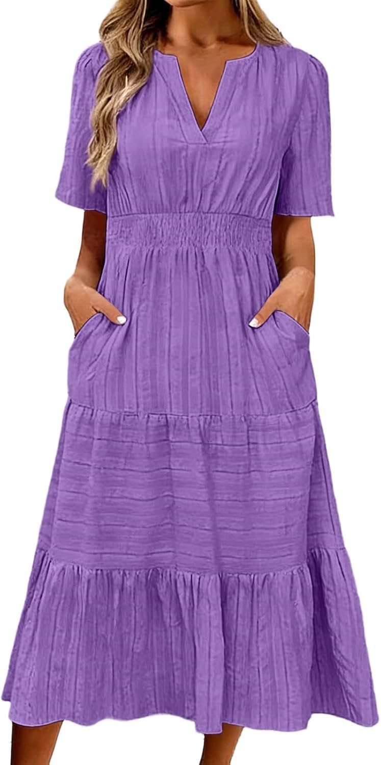 Muslin Dress Women's Summer Dress Casual Linen Dress V-Neck Short Sleeve Casual Dress Summer Large Sizes Beach Dresses Boho Long Light and Airy Dresses with Pockets
