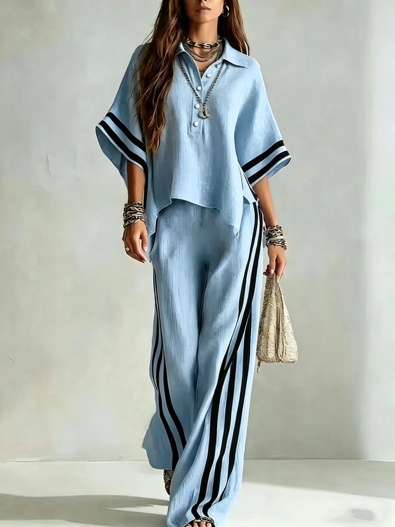 Women's Short-Sleeve Shirt and Loose Pants Set in Light Blue – elegant commuter polyester two-piece