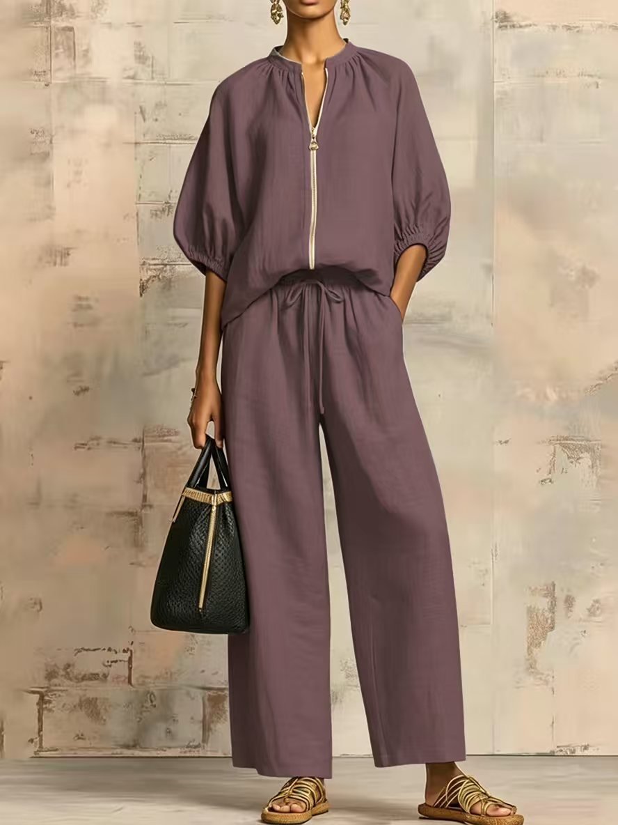 New Arrivals🔥 Stylish Cozy Zipper Shirt & Wide-Leg Pants Linen Cotton Two-Piece Set