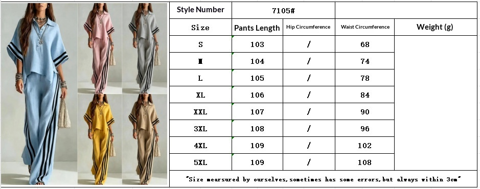 Women's Short-Sleeve Shirt and Pants Set size chart – measurements for S through 5XL