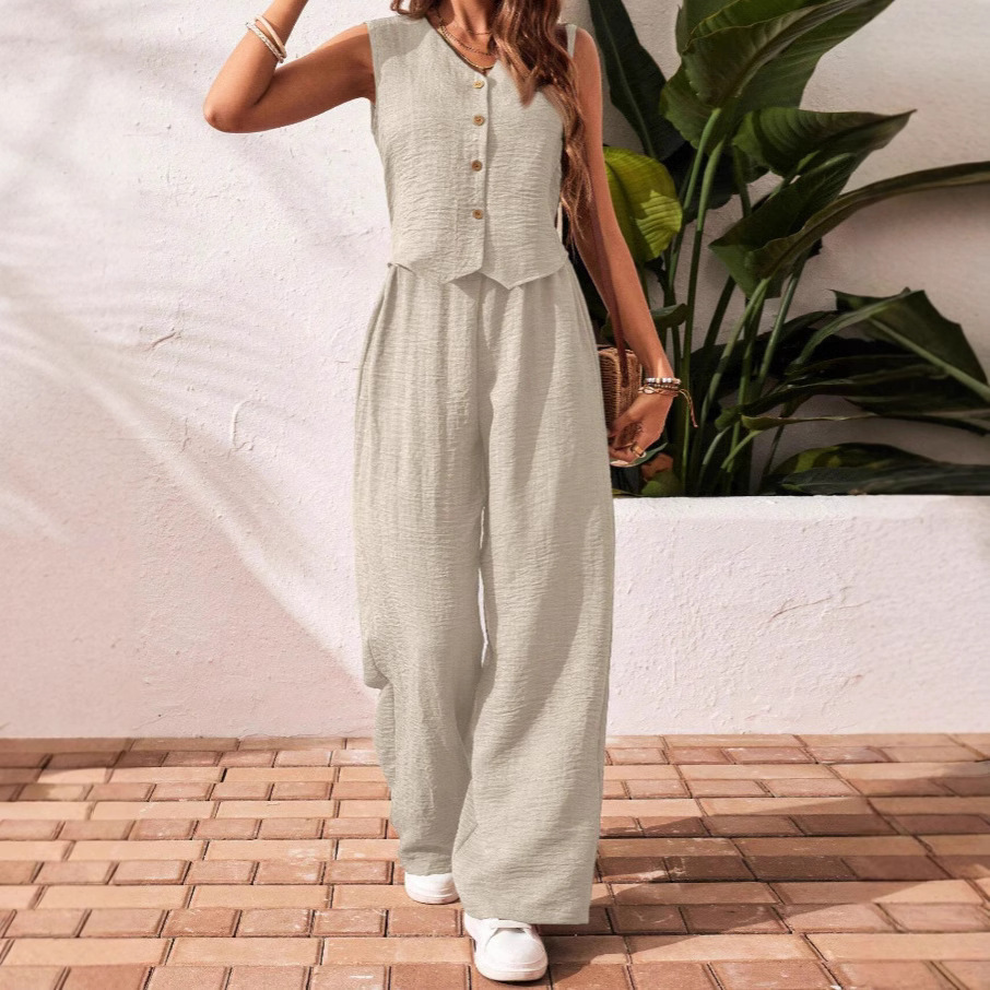V-Neck Button-Front Vest and Trousers Casual Set