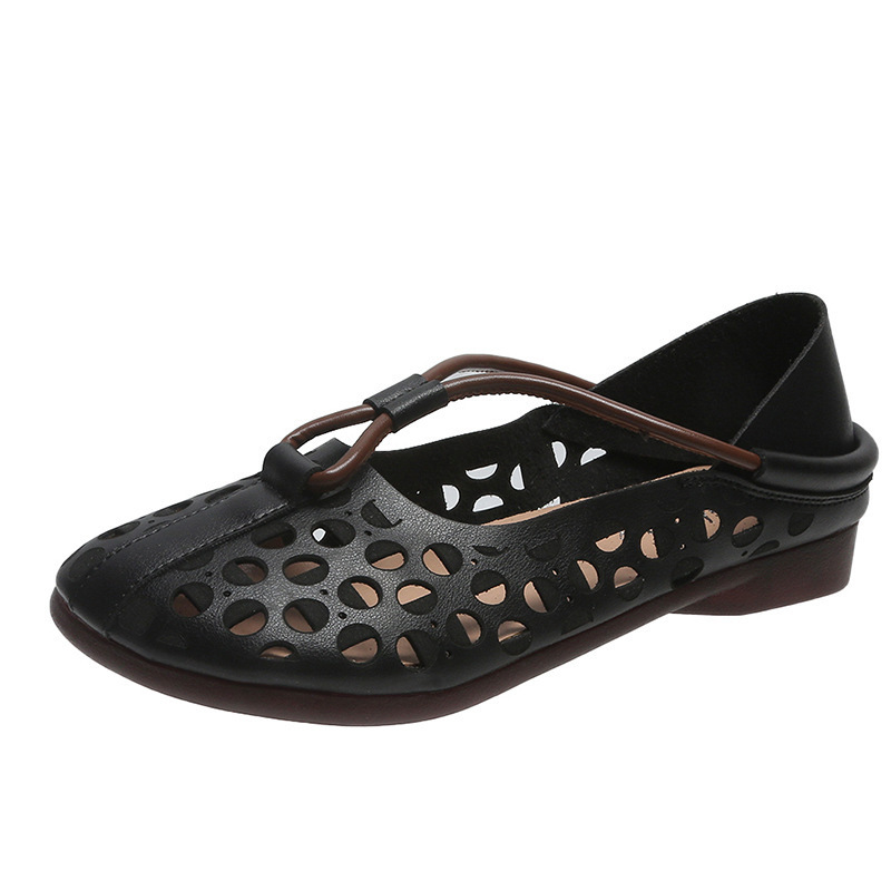 Women's retro hollow soft leather shoes Flat Cutout Sandals