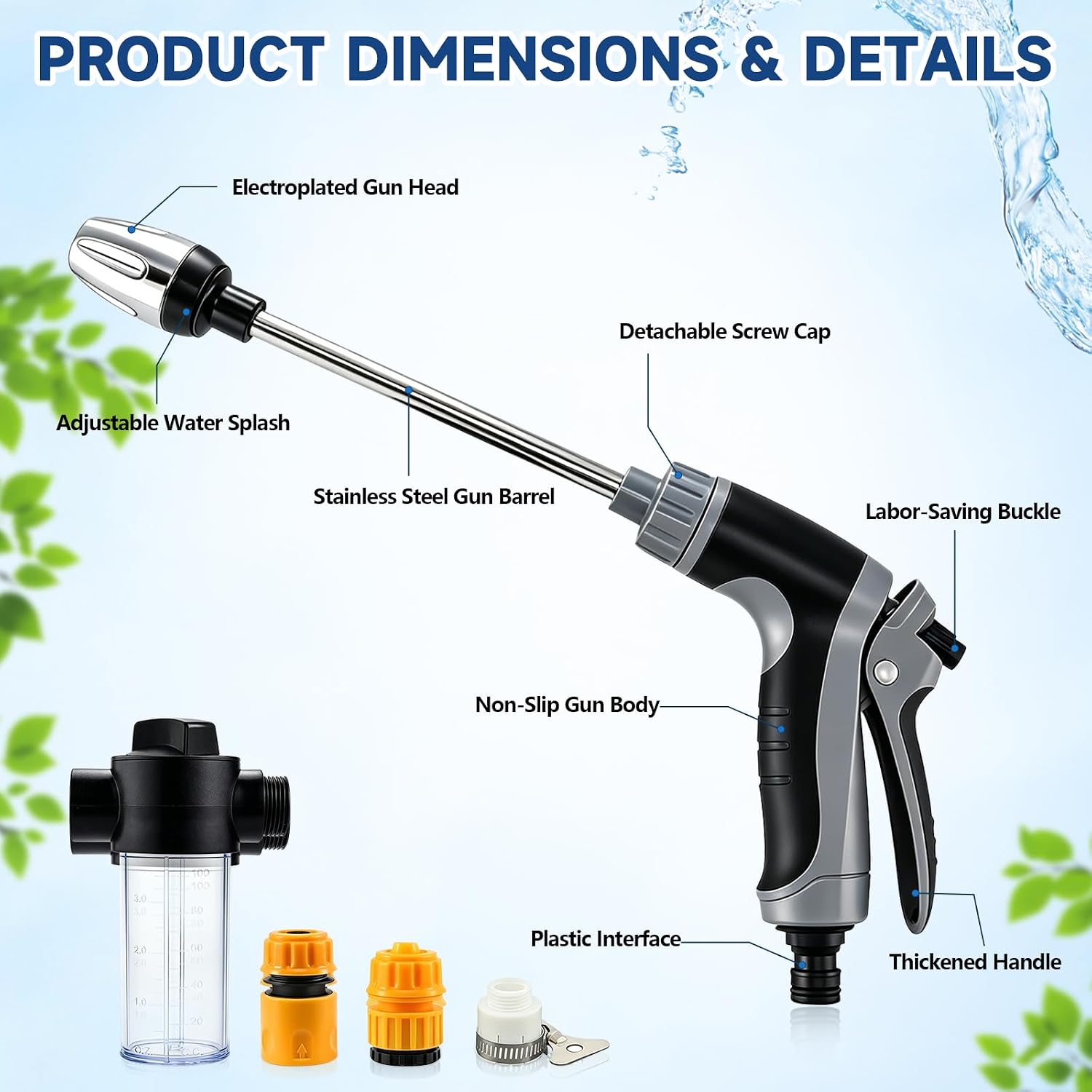 Power Jet High Pressure Garden Hose Nozzle High Pressure Hose Nozzle with Foam Dispenser and 3 Adjustable Spray Modes for Garden Irrigation