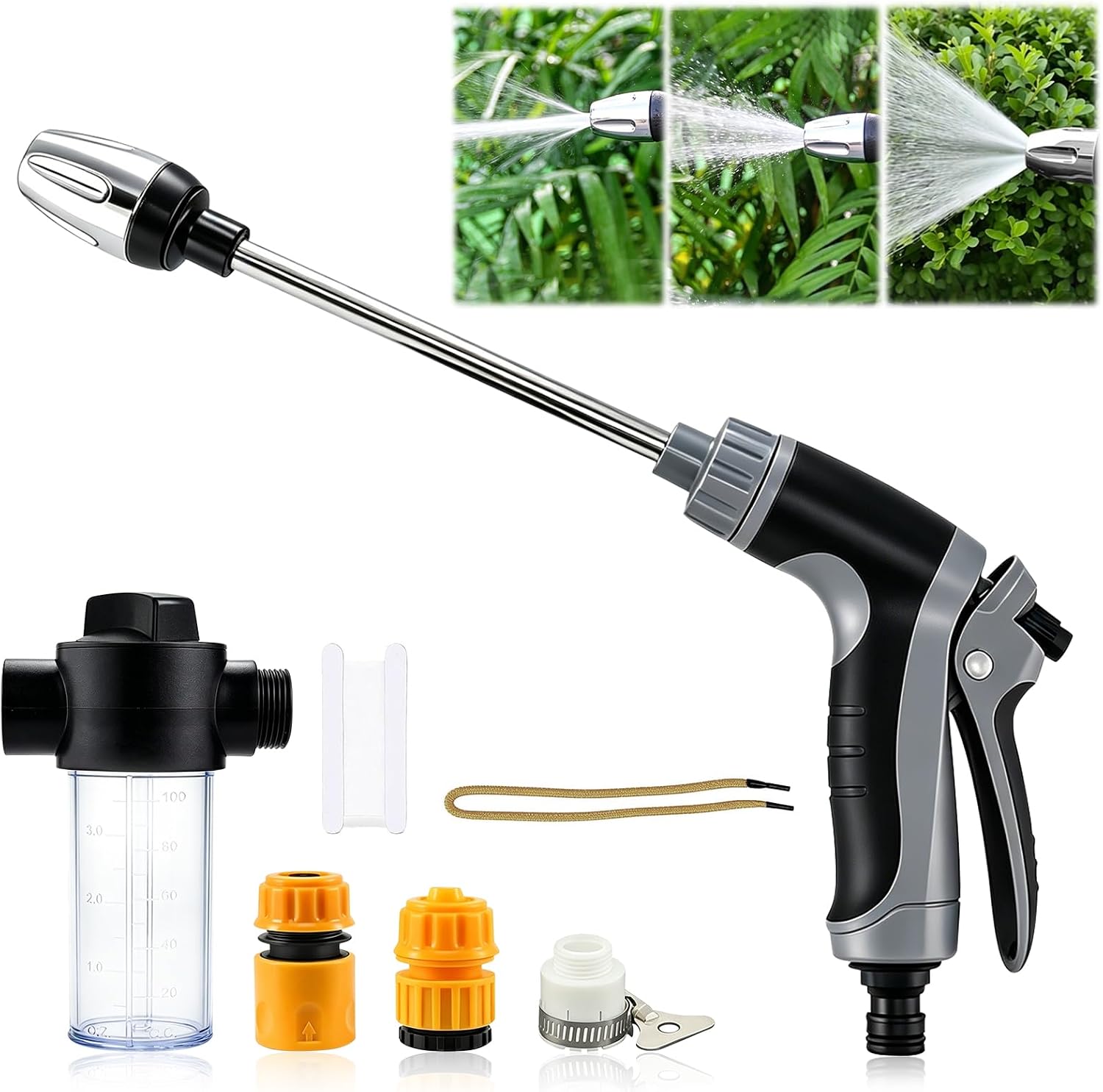 Power Jet High Pressure Garden Hose Nozzle High Pressure Hose Nozzle with Foam Dispenser and 3 Adjustable Spray Modes for Garden Irrigation