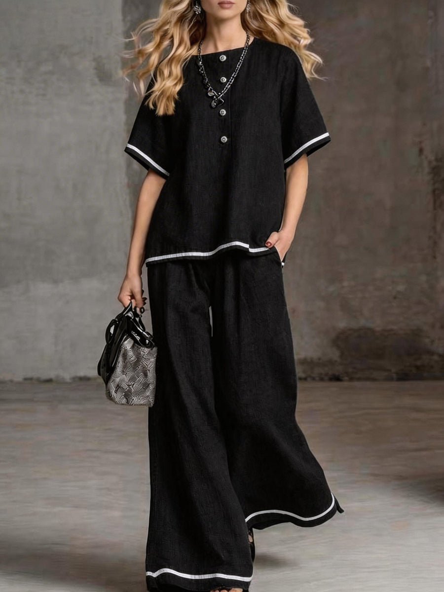Loose Short Sleeves Buttoned Pockets Solid Color Round-Neck Blouses Top + Pants Bottom Two Pieces Set