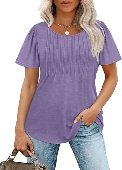 🔥Last day promotion🔥Womens T Shirts Short Sleeve Pleated Dressy Casual Scooped Neck Summer Tops Blouses