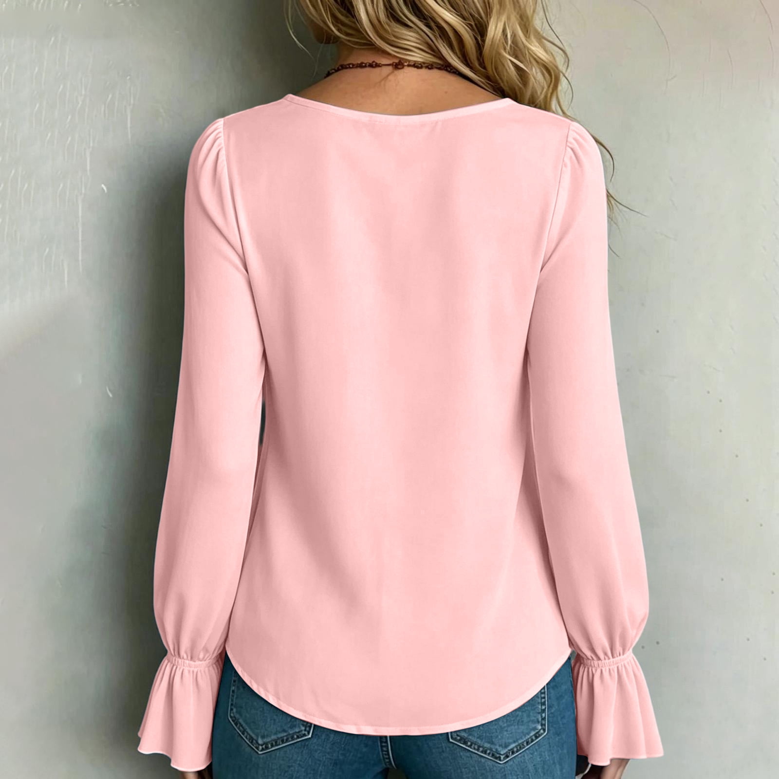 Domzest Womens V Neck Pleated Long Sleeve Loose Fit Blouse Color Elegant Top Casual Flowy Tunic Shirt Lightweight Spring Fall Fashion Trendy Work Office Wear