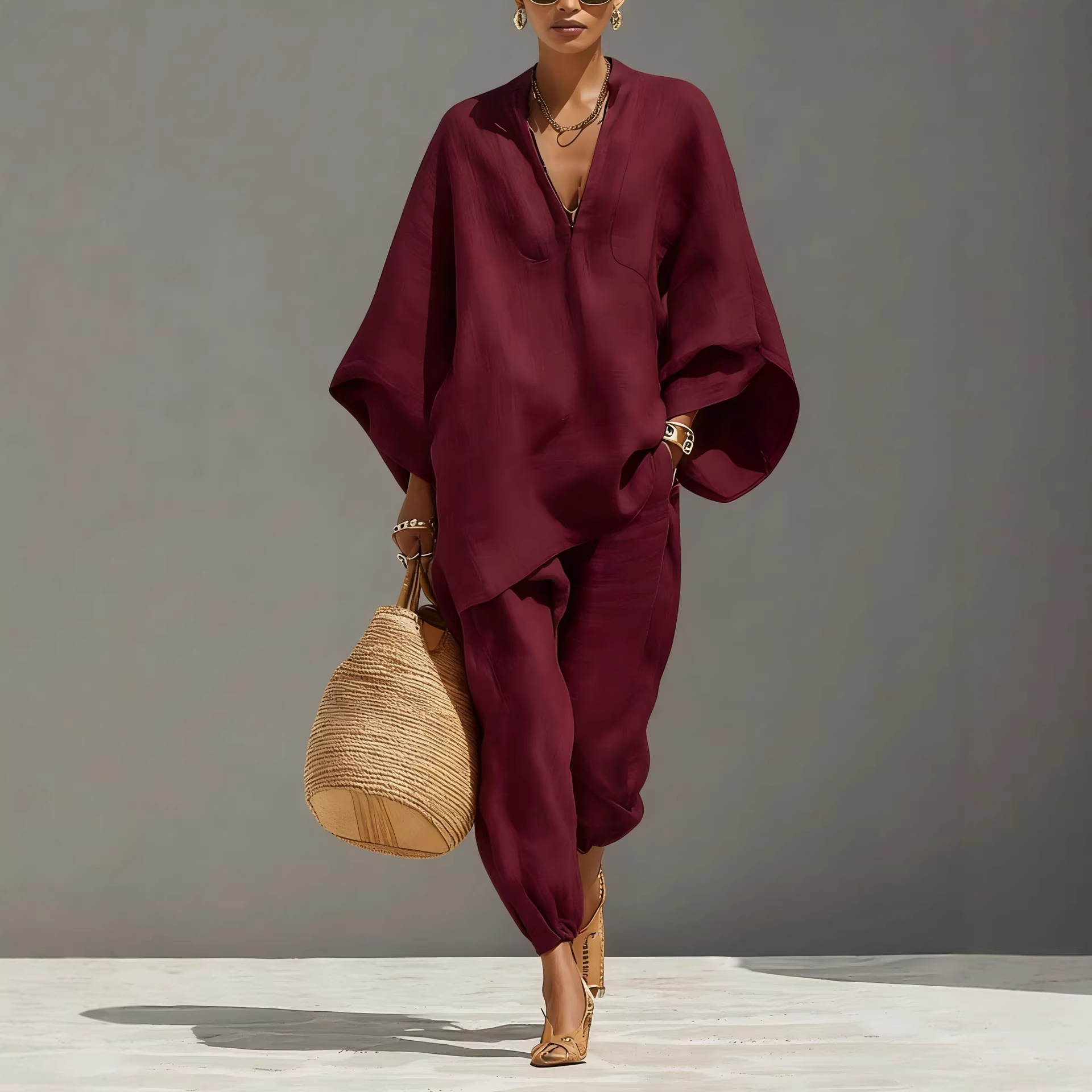Women's Solid Color V-neck Long Sleeve Casual Loose Cotton Linen Top With Elastic Waist And Wide-leg Pants Set