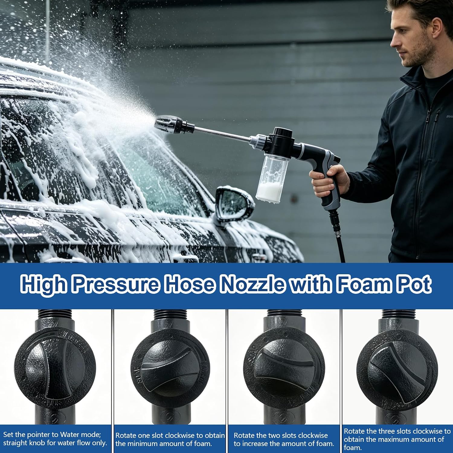 Power Jet High Pressure Garden Hose Nozzle High Pressure Hose Nozzle with Foam Dispenser and 3 Adjustable Spray Modes for Garden Irrigation