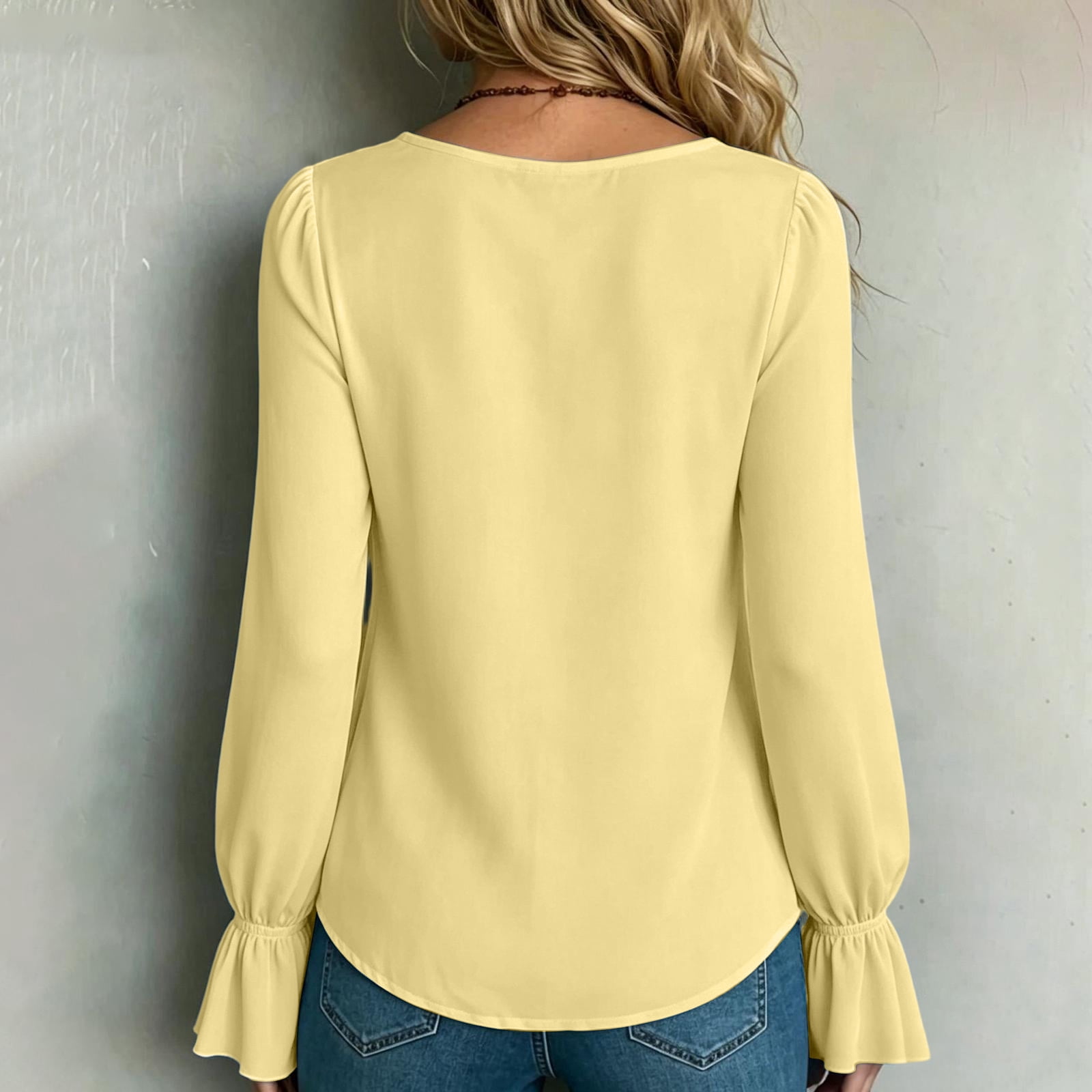Domzest Womens V Neck Pleated Long Sleeve Loose Fit Blouse Color Elegant Top Casual Flowy Tunic Shirt Lightweight Spring Fall Fashion Trendy Work Office Wear