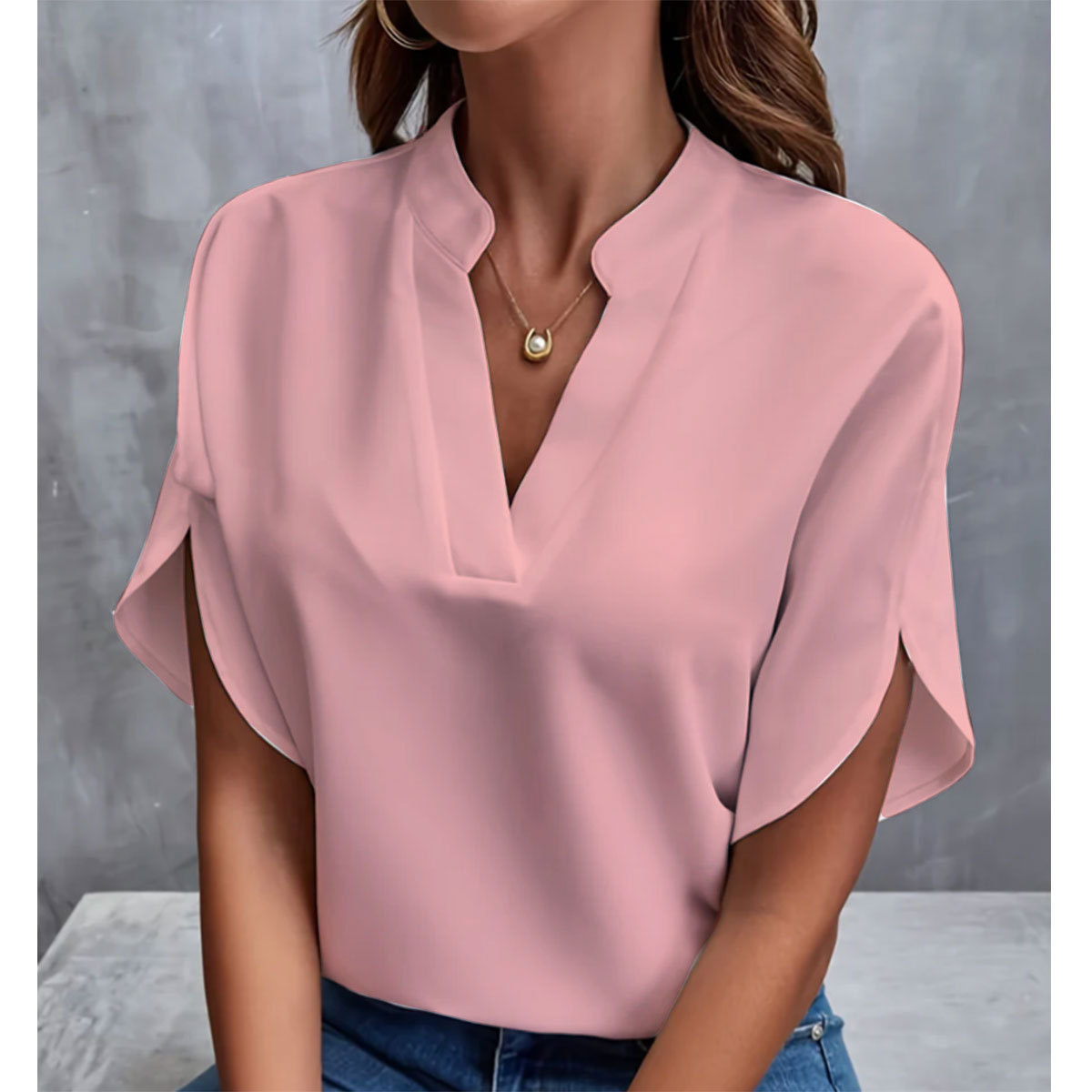 Elegant Women's Top: Solid-Color, Loose-Fit V-Neck Shirt