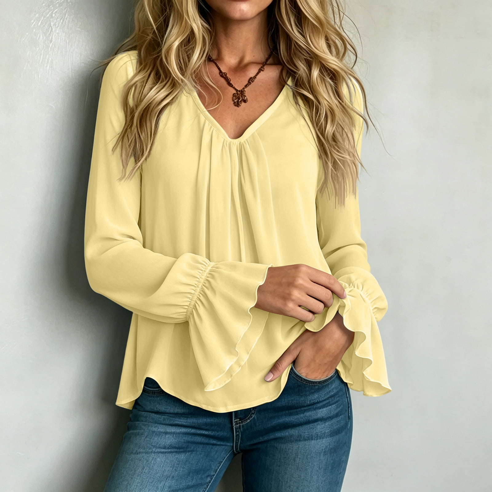Domzest Womens V Neck Pleated Long Sleeve Loose Fit Blouse Color Elegant Top Casual Flowy Tunic Shirt Lightweight Spring Fall Fashion Trendy Work Office Wear
