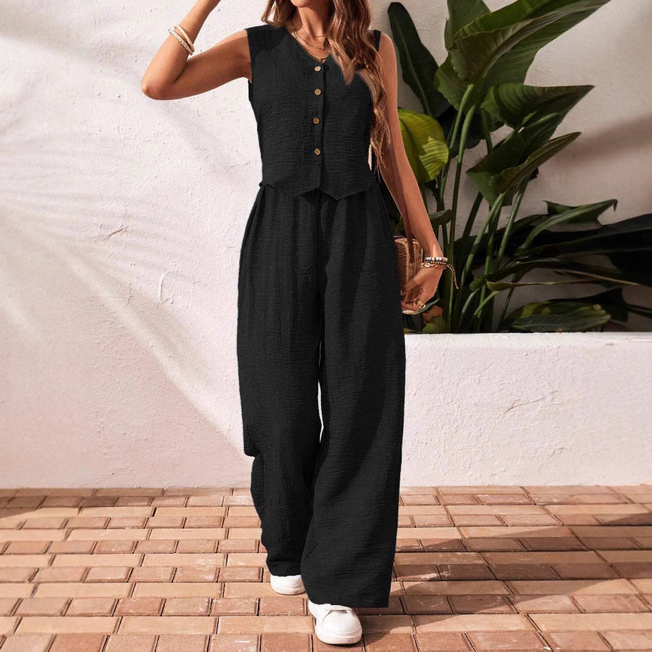 V-Neck Button-Front Vest and Trousers Casual Set