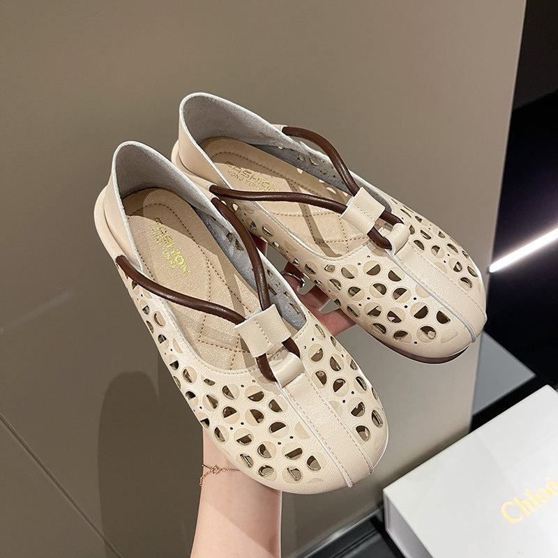 Women's retro hollow soft leather shoes Flat Cutout Sandals