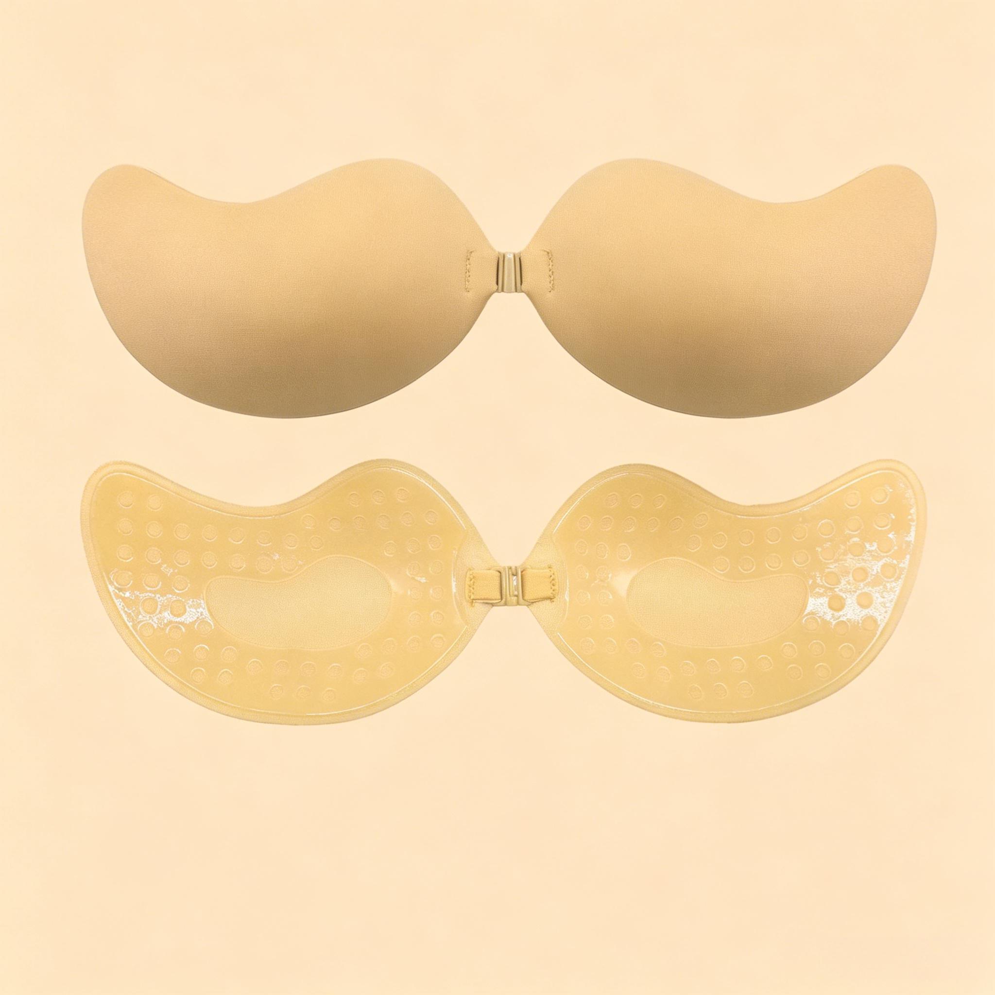 Strapless invisible bra that makes small breasts appear larger; washable and reusable.