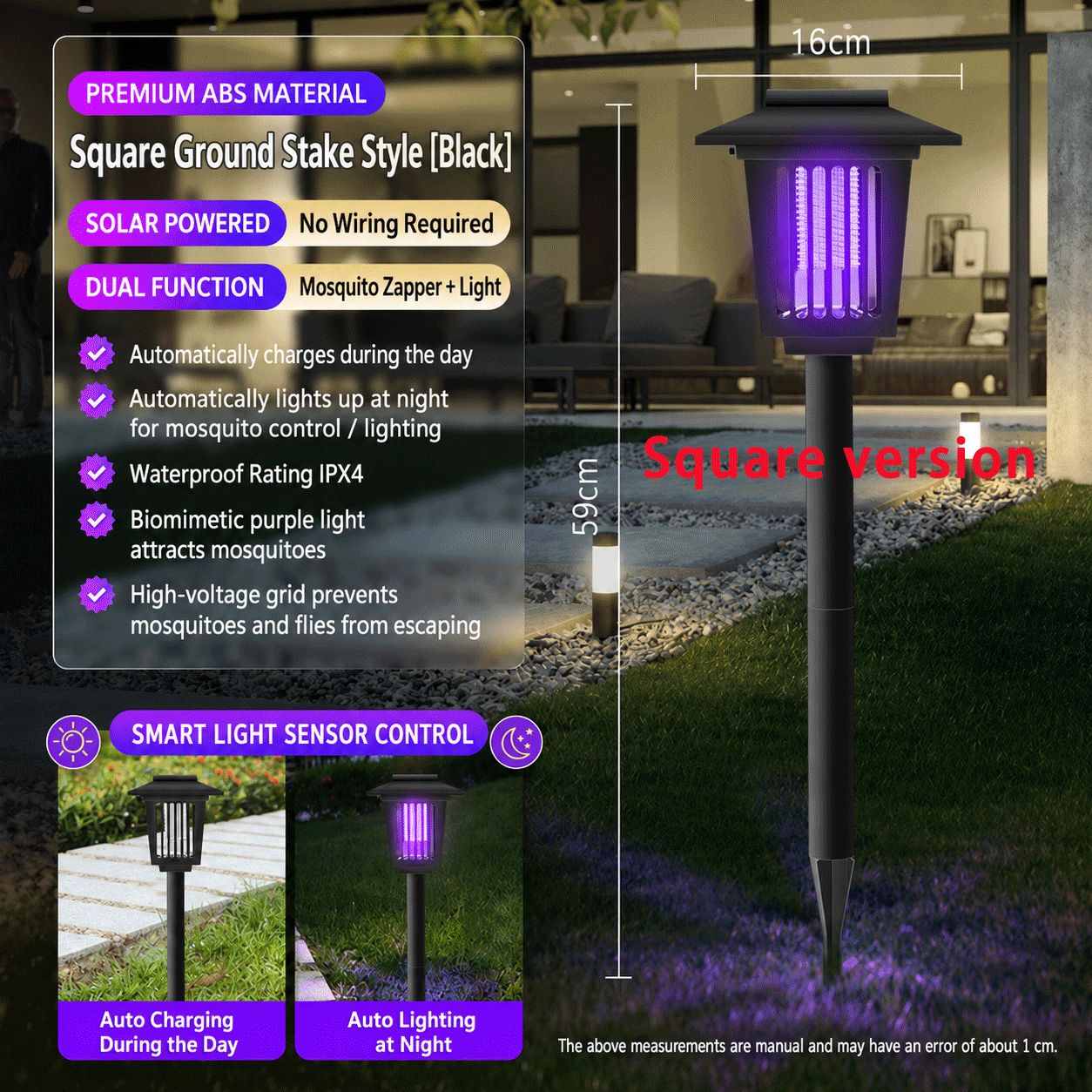 Solar-powered outdoor mosquito killer lamp, lighting, suitable for patios, gardens, camping.