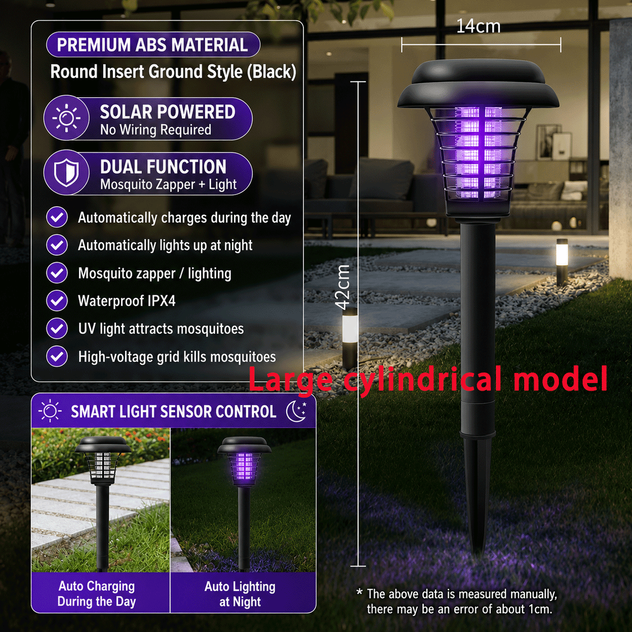 Solar-powered outdoor mosquito killer lamp, lighting, suitable for patios, gardens, camping.
