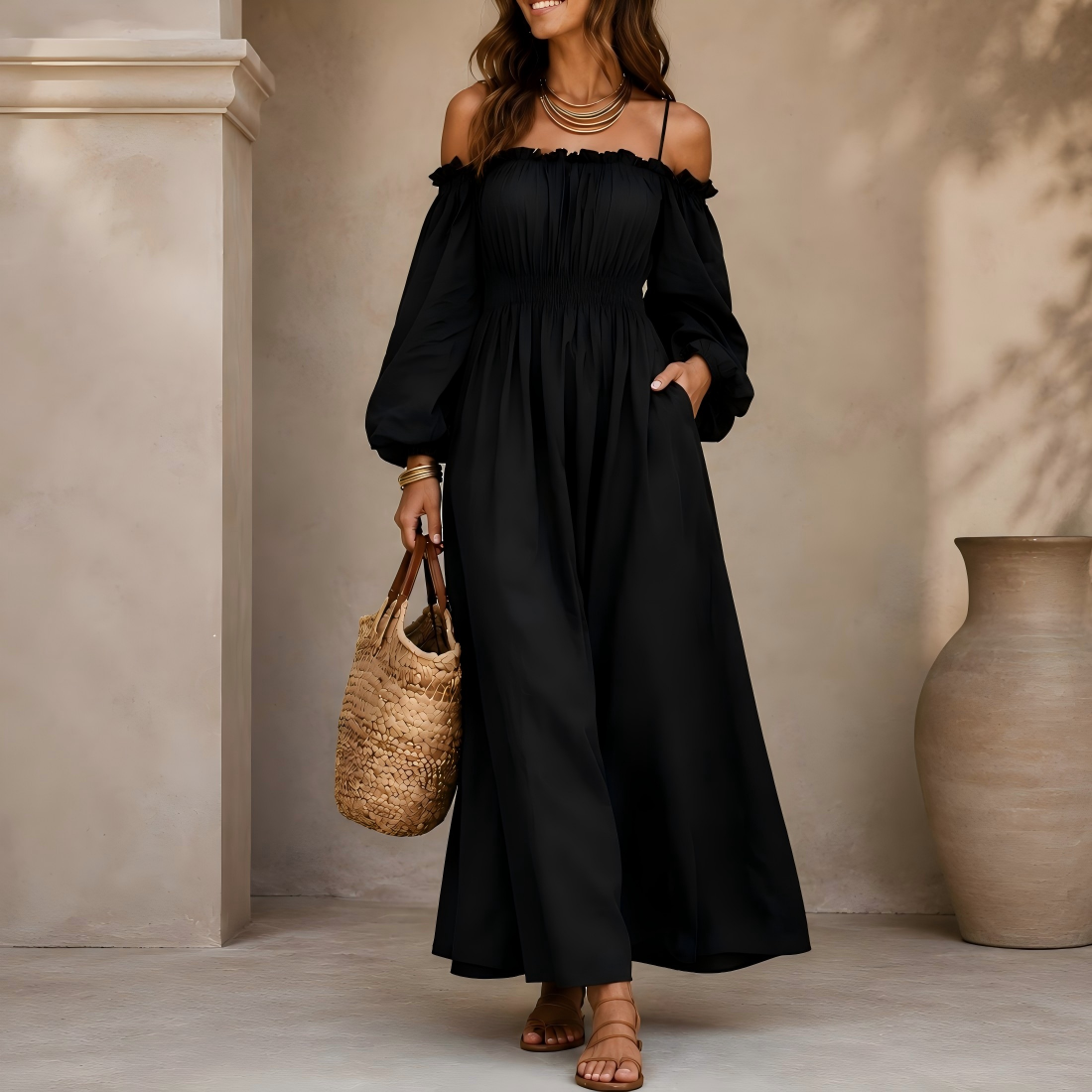 Sweet off-shoulder camisole-style dress with a fitted waist and pockets.
