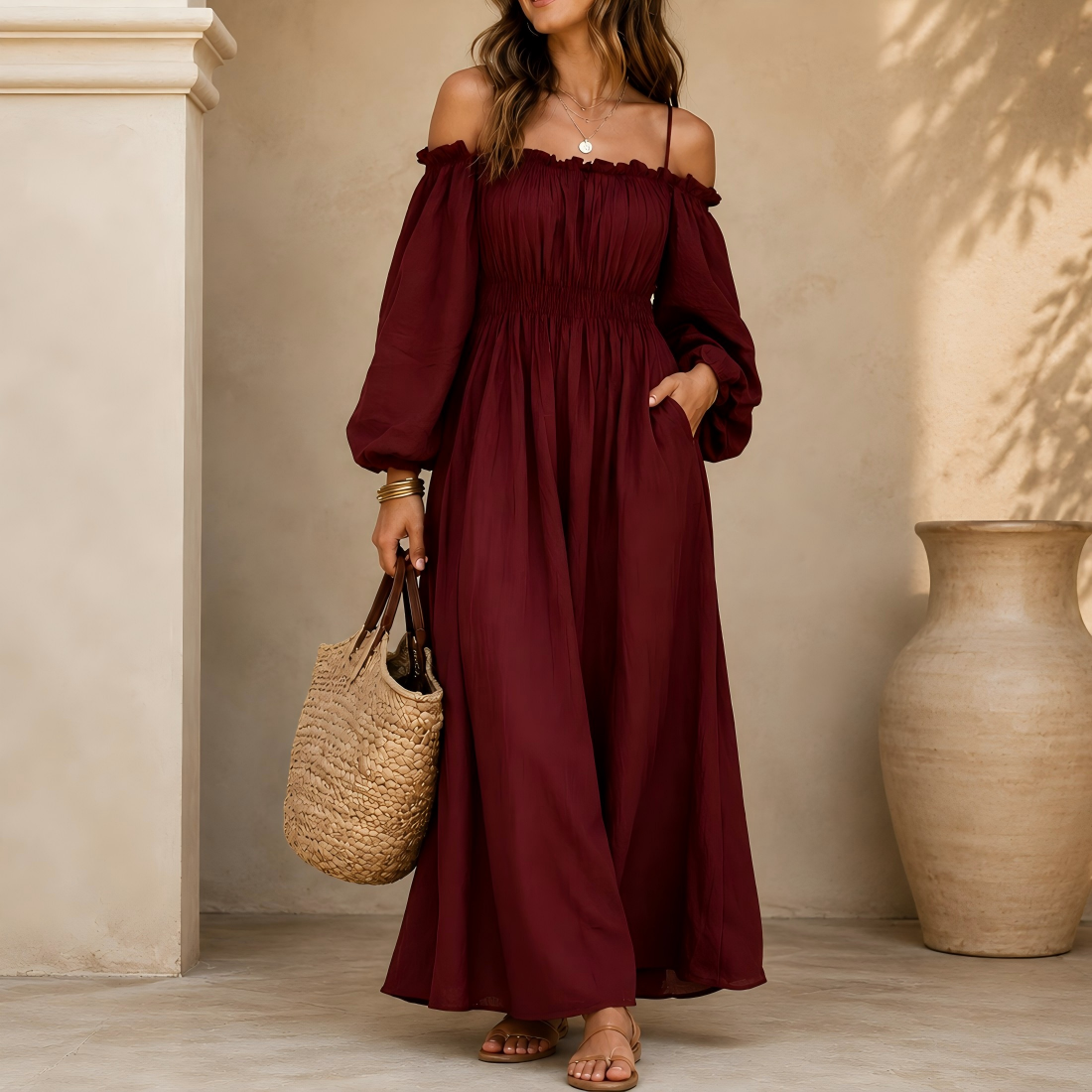 Sweet off-shoulder camisole-style dress with a fitted waist and pockets.