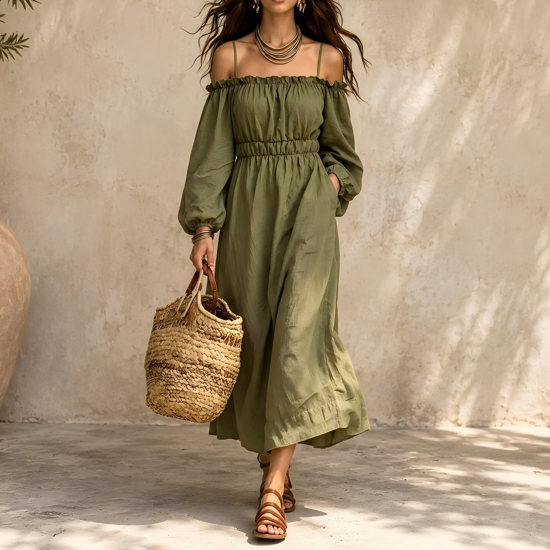 Sweet off-shoulder camisole-style dress with a fitted waist and pockets.