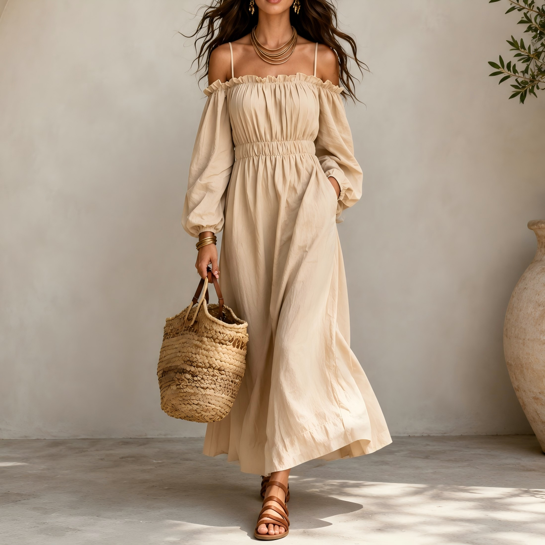 Sweet off-shoulder camisole-style dress with a fitted waist and pockets.