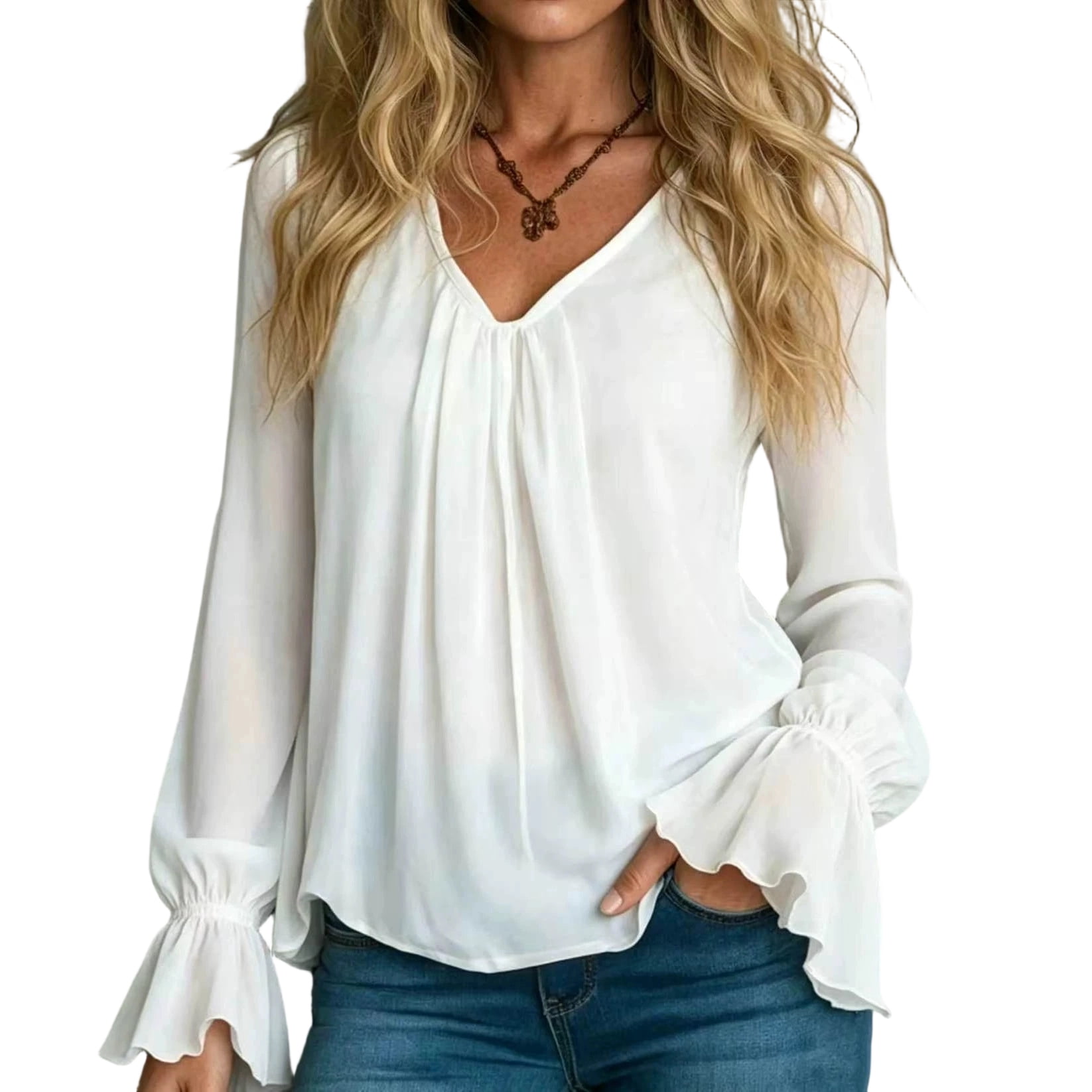 Domzest Womens V Neck Pleated Long Sleeve Loose Fit Blouse Color Elegant Top Casual Flowy Tunic Shirt Lightweight Spring Fall Fashion Trendy Work Office Wear