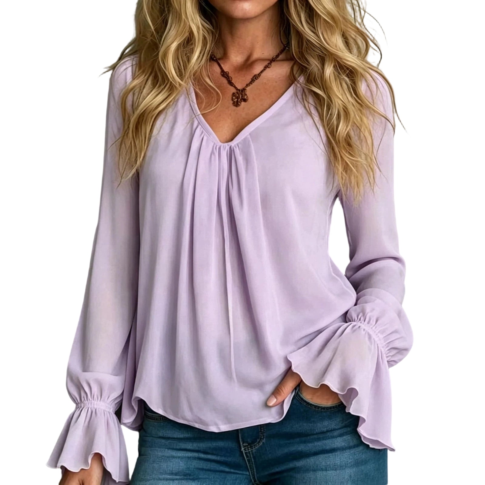 Domzest Womens V Neck Pleated Long Sleeve Loose Fit Blouse Color Elegant Top Casual Flowy Tunic Shirt Lightweight Spring Fall Fashion Trendy Work Office Wear