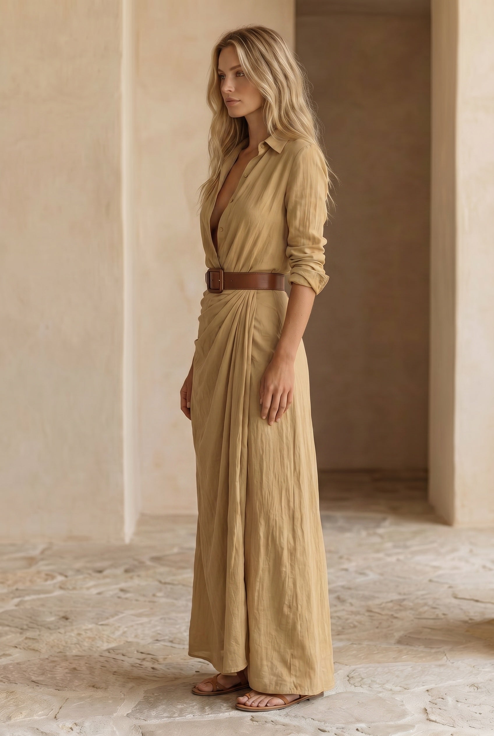 Belted Maxi Shirt Dress | Lapel Collar & Flowy Skirt