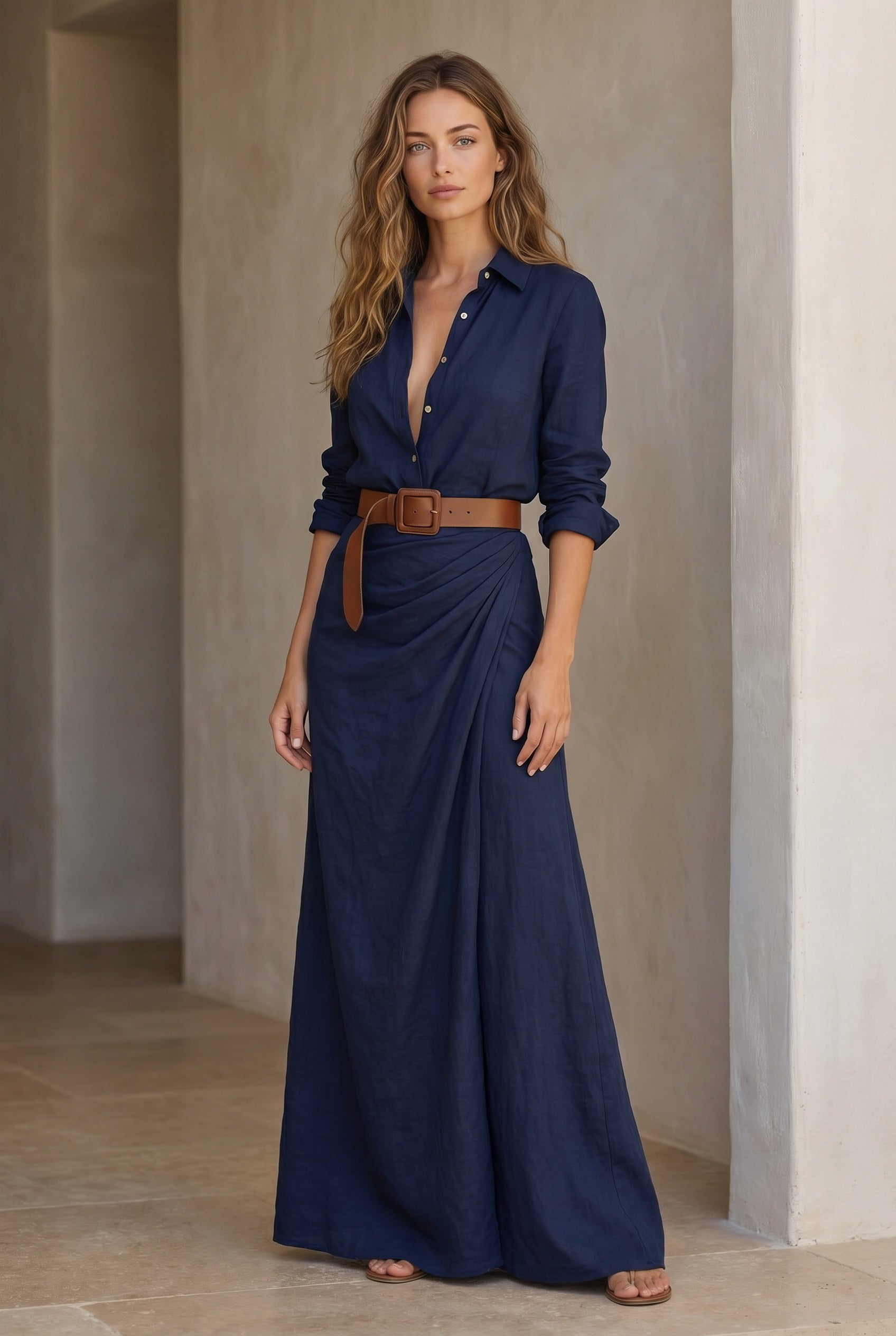 Belted Maxi Shirt Dress | Lapel Collar & Flowy Skirt