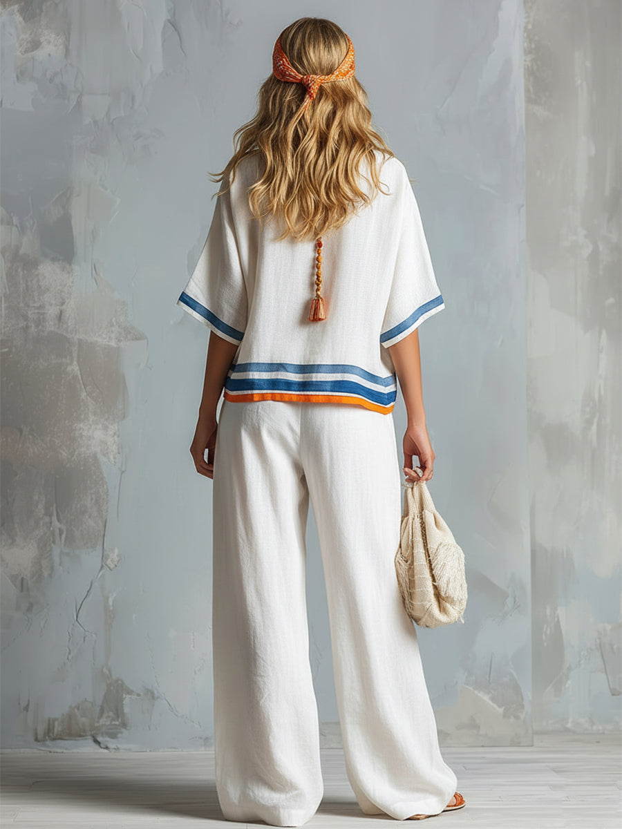 Casual Urban Style Contrast-Trimmed White T-Shirt & Wide-Leg Pants Cotton-Linen Set