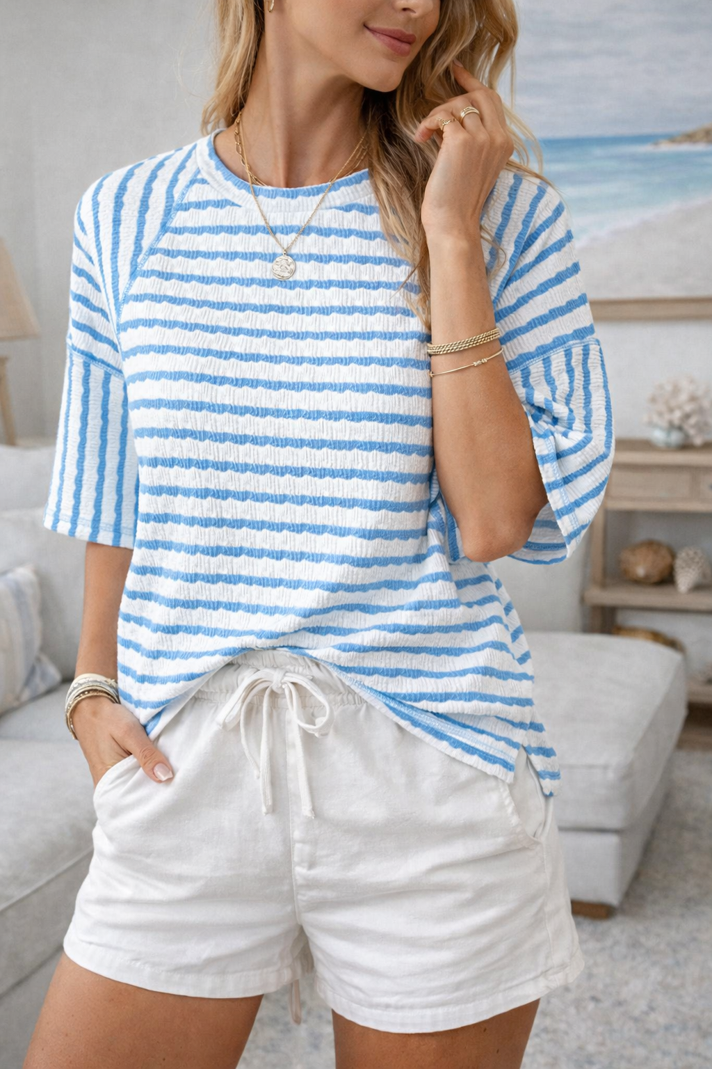  Relaxed Striped Short Sleeve Crop Top