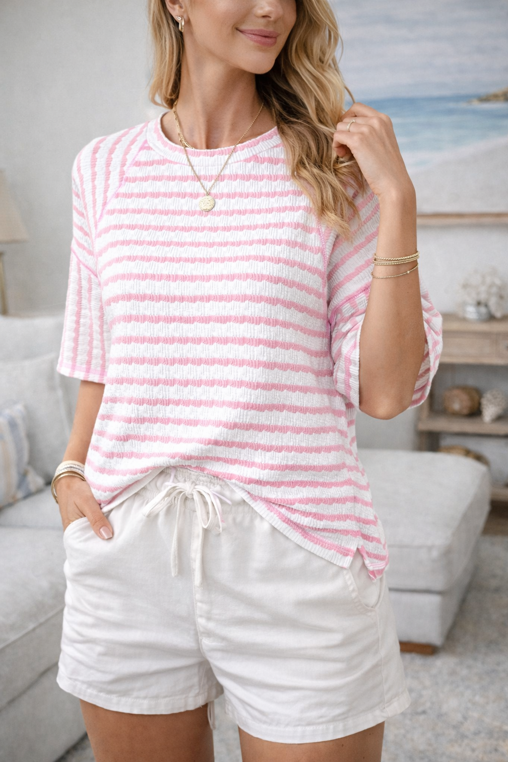  Relaxed Striped Short Sleeve Crop Top