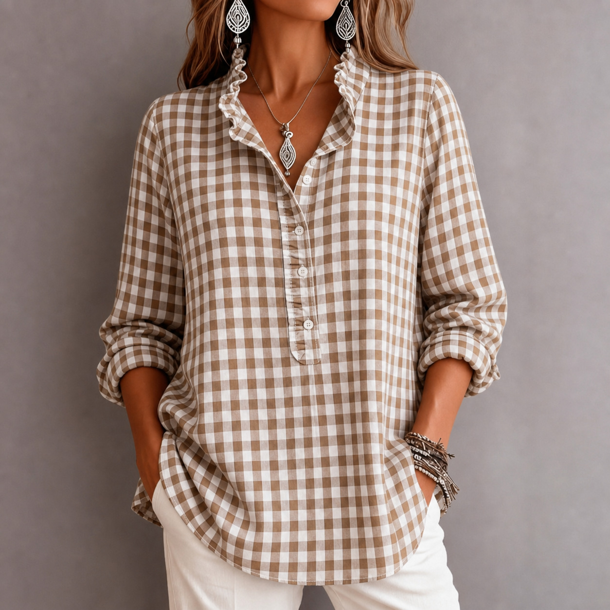 CLEARANCE SALE🔥 Women's Casual Plaid Ruffled Long-Sleeve Shirt