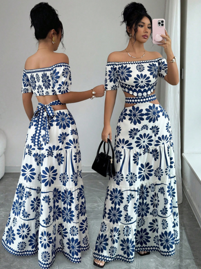 2 Piece Outfits for Women Boho Crop Top and Maxi Skirt Set Summer Short Sleeve Floral Print Beach Set