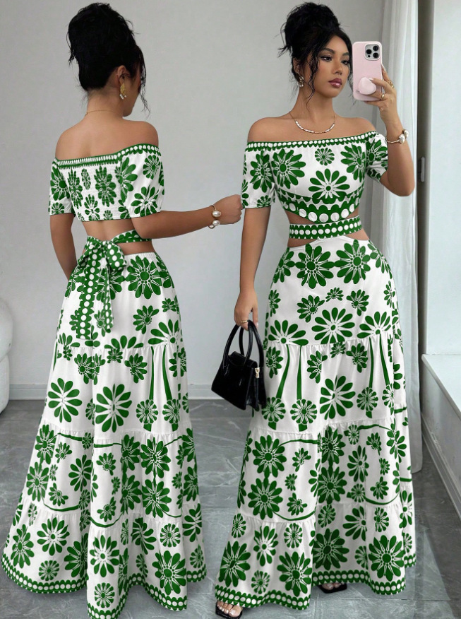 2 Piece Outfits for Women Boho Crop Top and Maxi Skirt Set Summer Short Sleeve Floral Print Beach Set