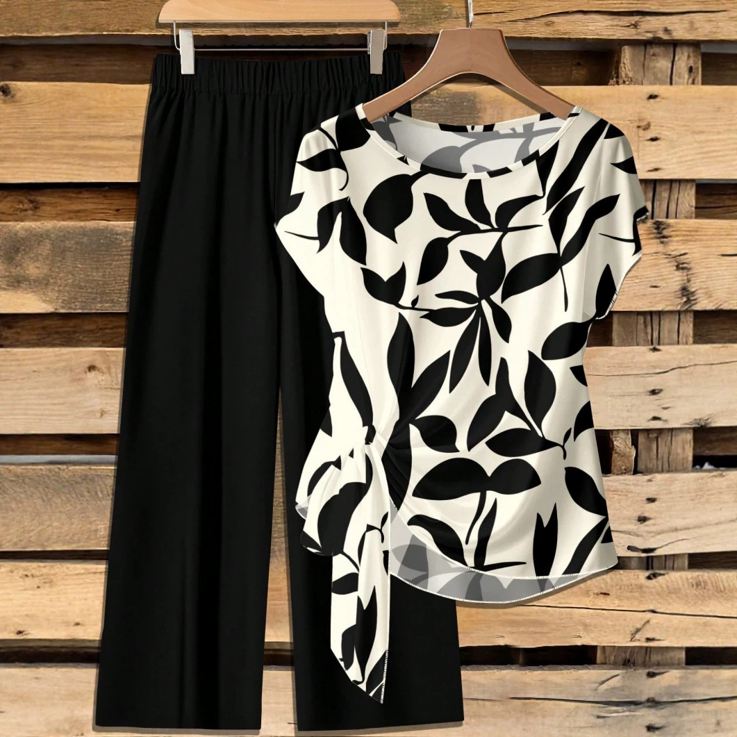 2 Piece Casual Minimalist Bowknot Shirt And Loose Pants Outfit Set