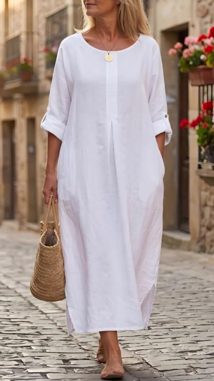 Solid-color short-sleeve cotton-linen dress