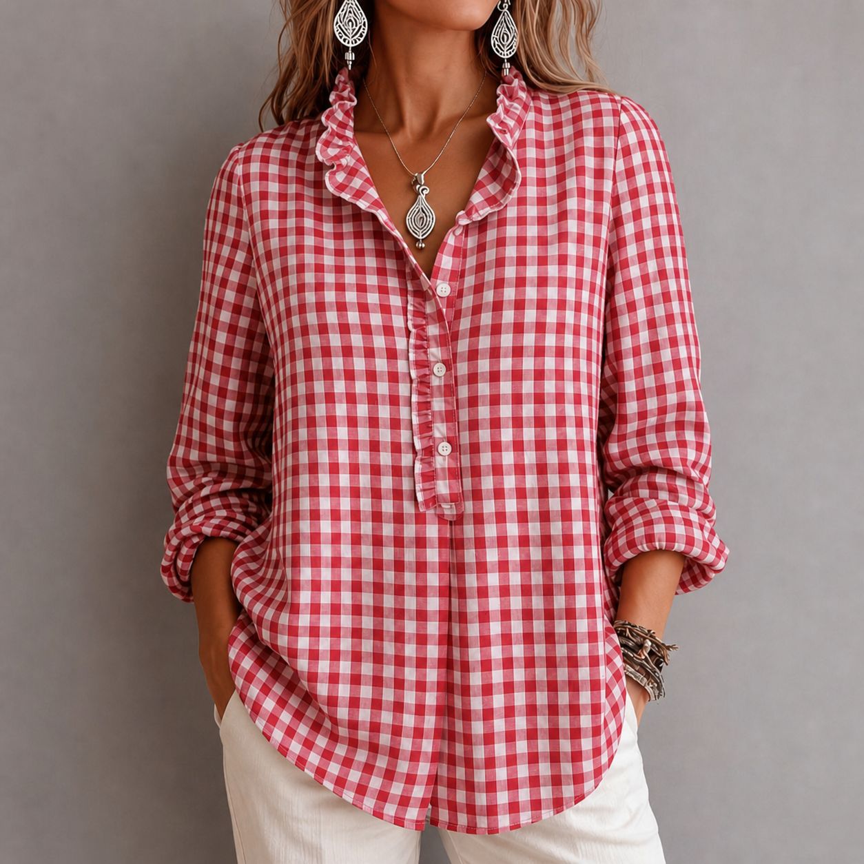 CLEARANCE SALE🔥 Women's Casual Plaid Ruffled Long-Sleeve Shirt