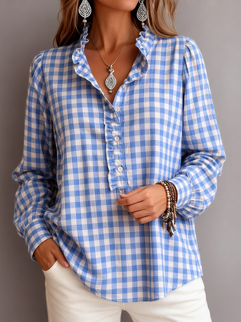 CLEARANCE SALE🔥 Women's Casual Plaid Ruffled Long-Sleeve Shirt