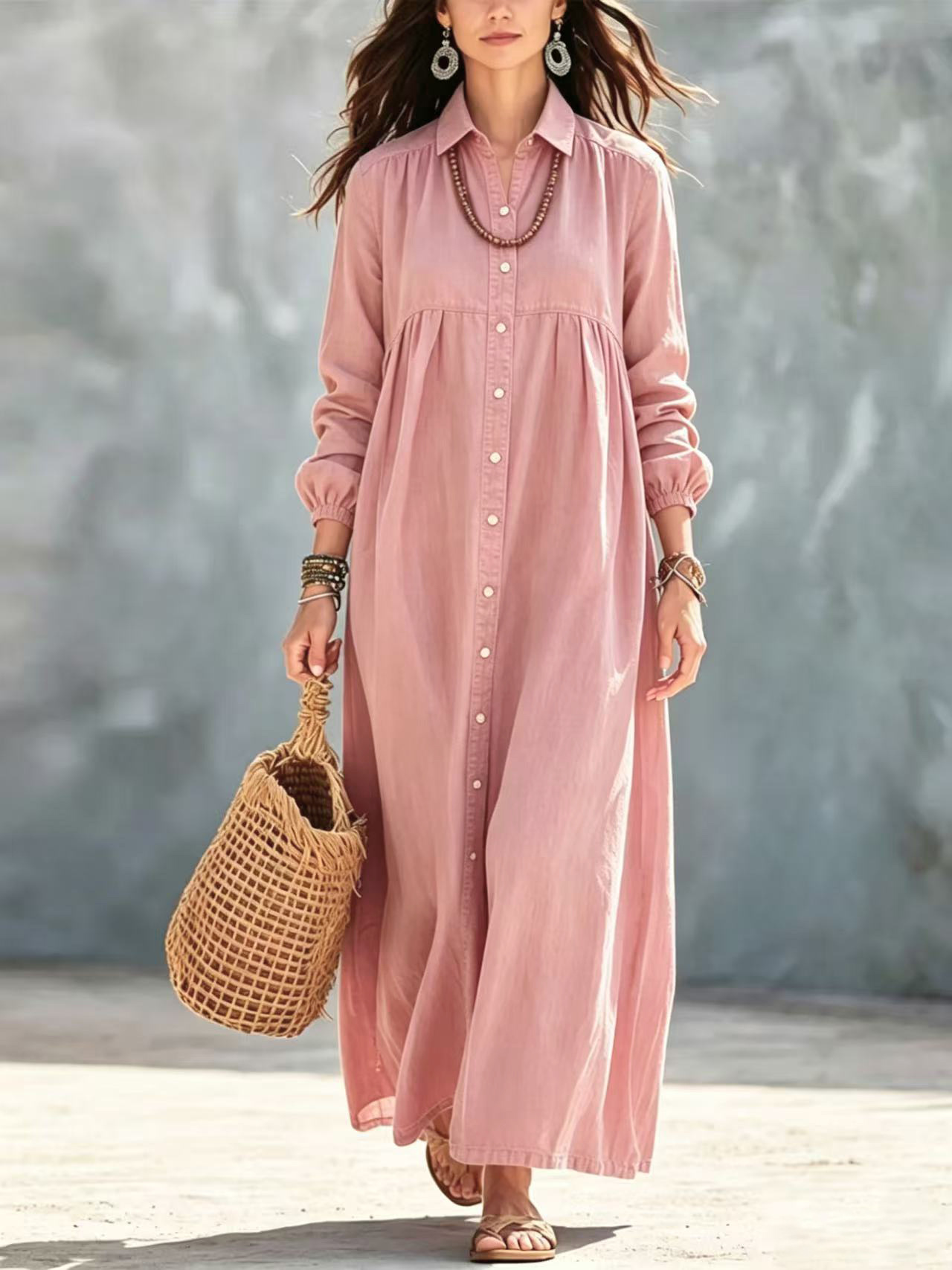 Casual Button-Down Maxi Shirt Dress