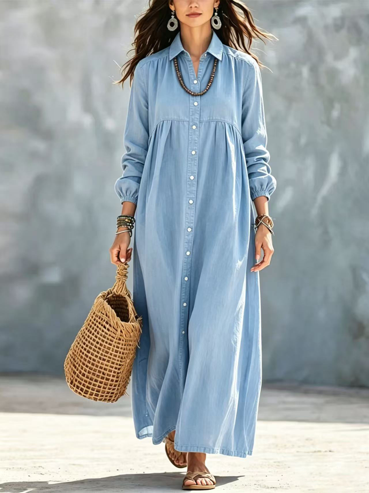 Casual Button-Down Maxi Shirt Dress