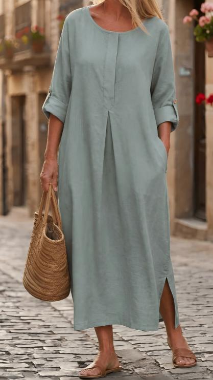 Solid-color short-sleeve cotton-linen dress