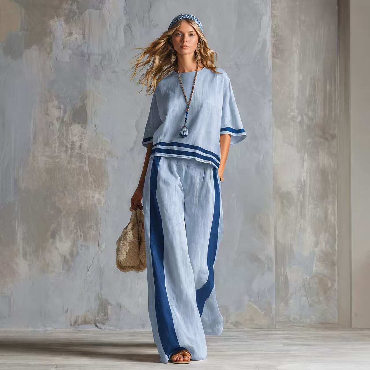 Casual Urban Style Contrast-Trimmed White T-Shirt & Wide-Leg Pants Cotton-Linen Set