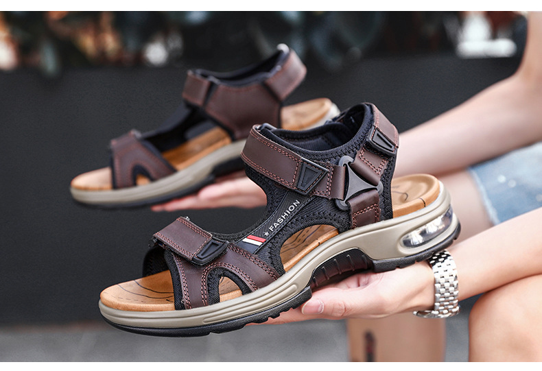 Leather men's sandals with air cushioning for softness, comfort, and relief from foot pain.