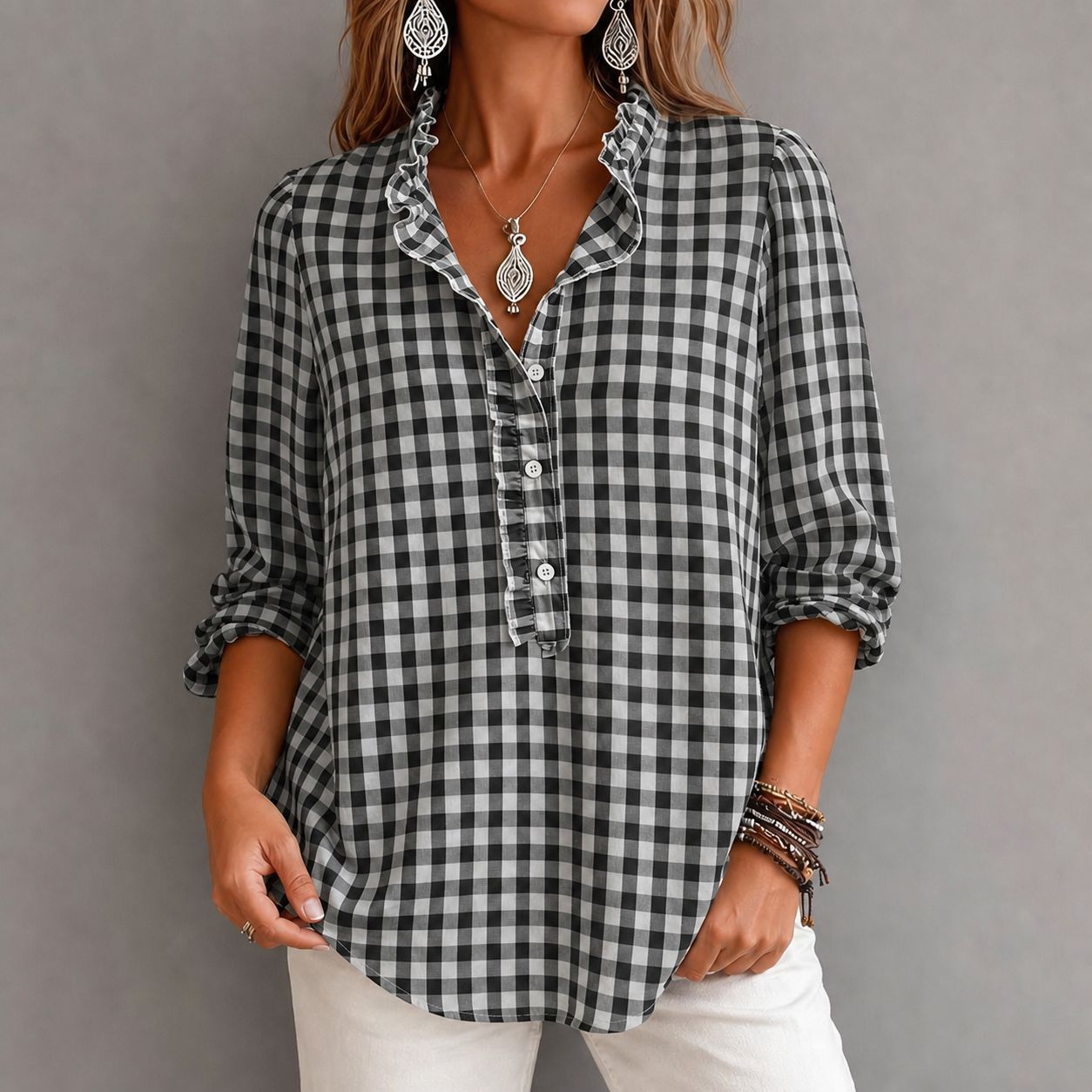 CLEARANCE SALE🔥 Women's Casual Plaid Ruffled Long-Sleeve Shirt