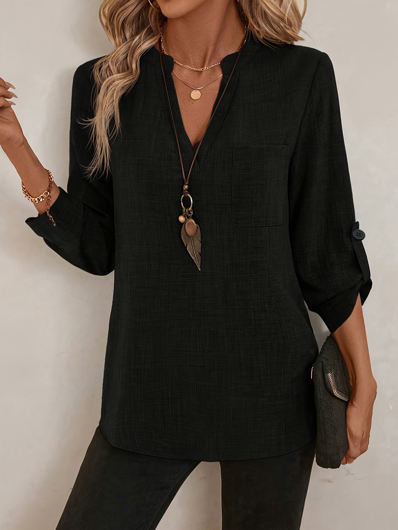 Elegant Three-quarter Sleeve Solid Color Blouse V-neck Blouse Vintage Imitation Cotton Shirt Spring Casual Loose Pocket Tops